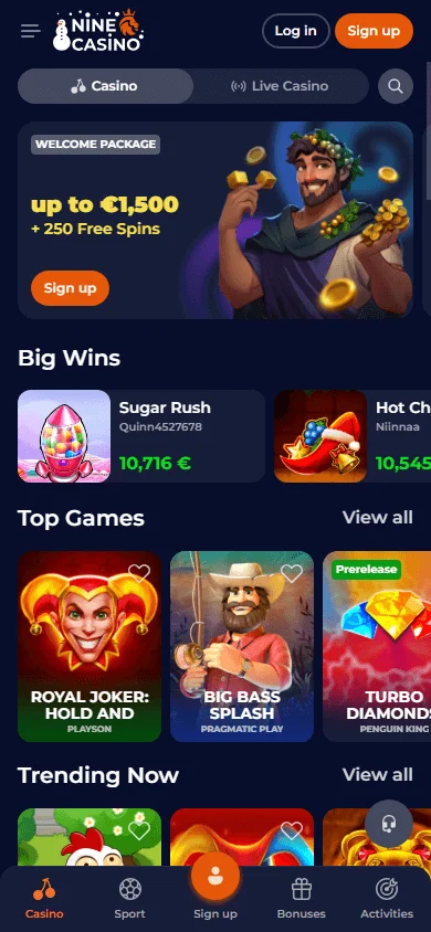 Nine Casino mobile casino games interface