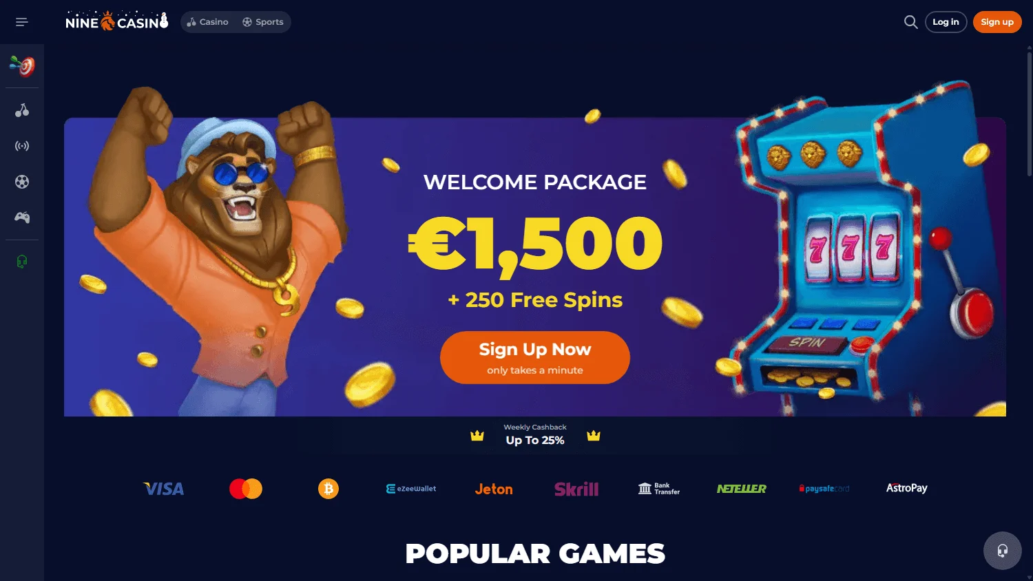 Nine Casino desktop home interface
