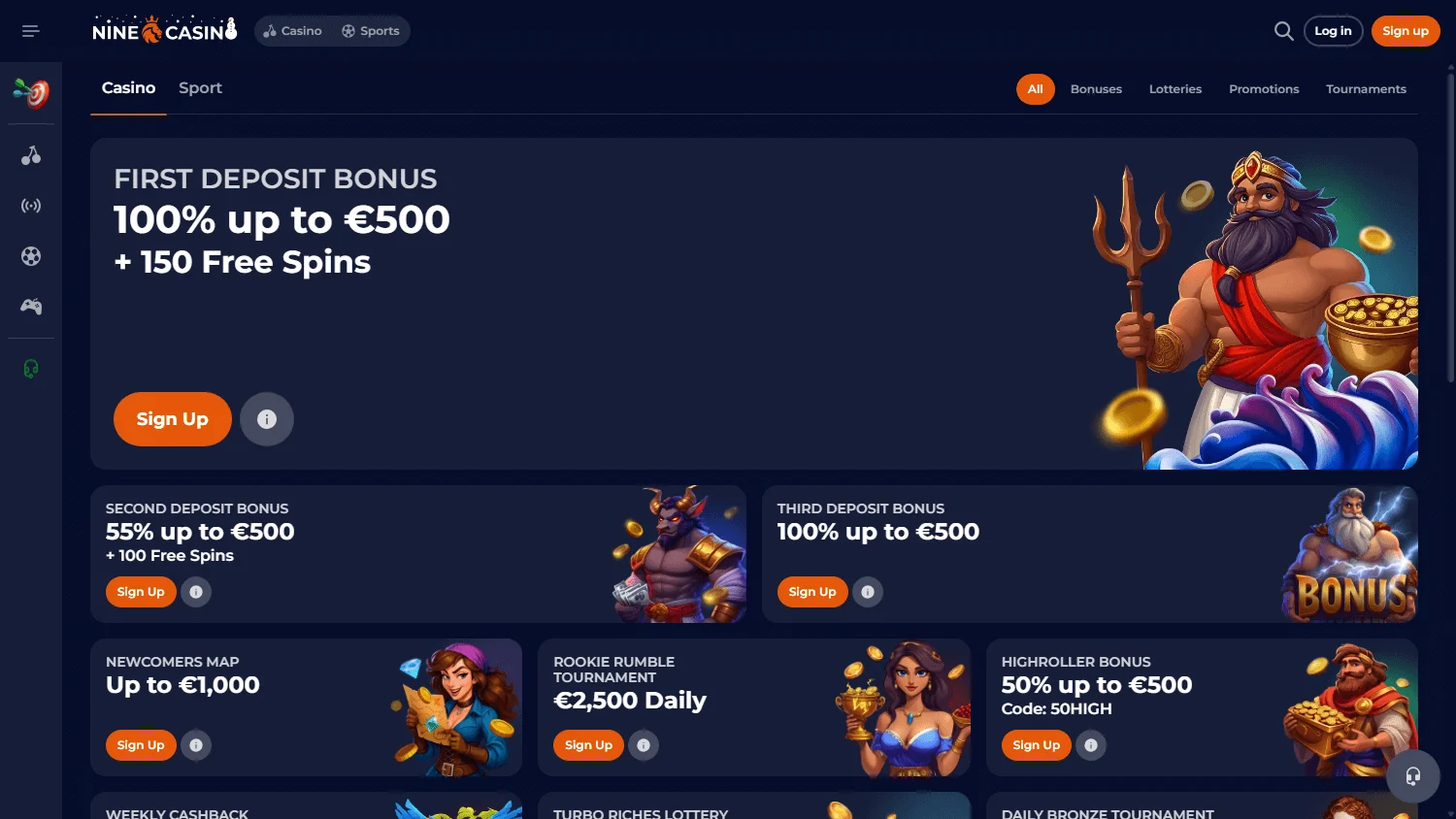 Nine Casino desktop promotions interface