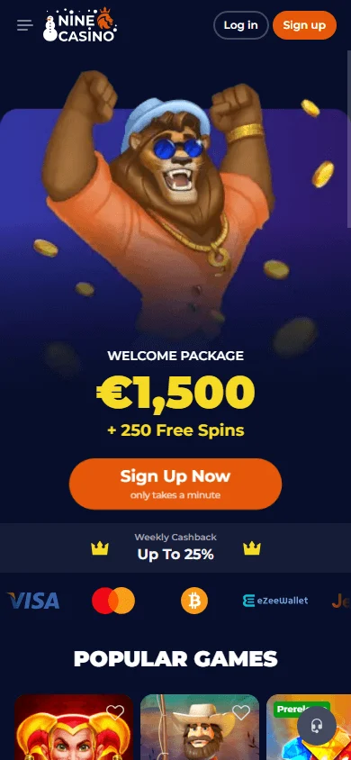 Nine Casino mobile home interface