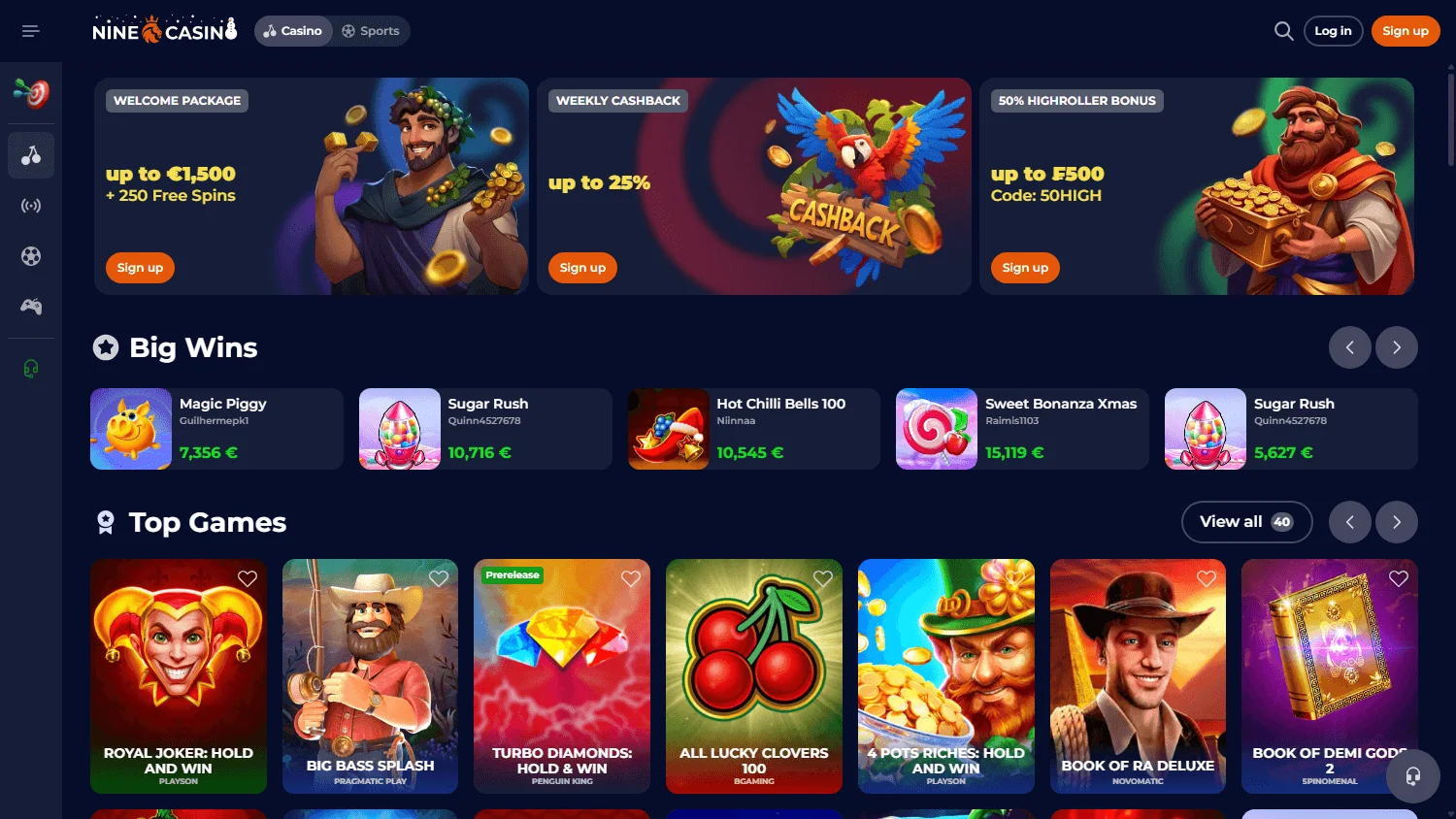 Nine Casino desktop casino games interface