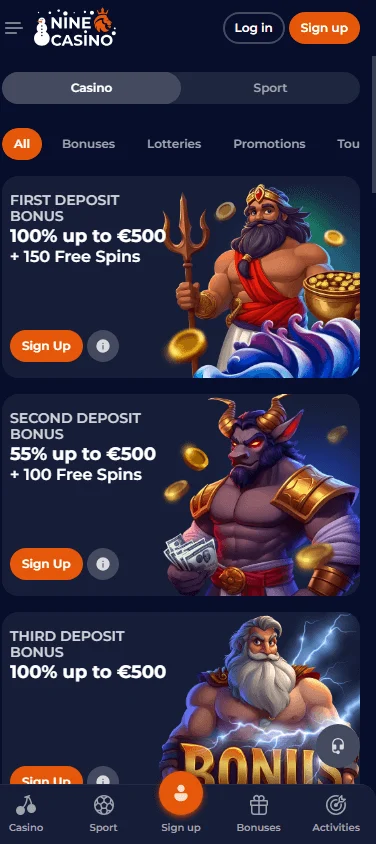Nine Casino mobile promotions interface